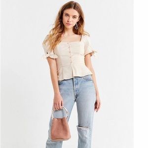 Square-neck linen button down crop top